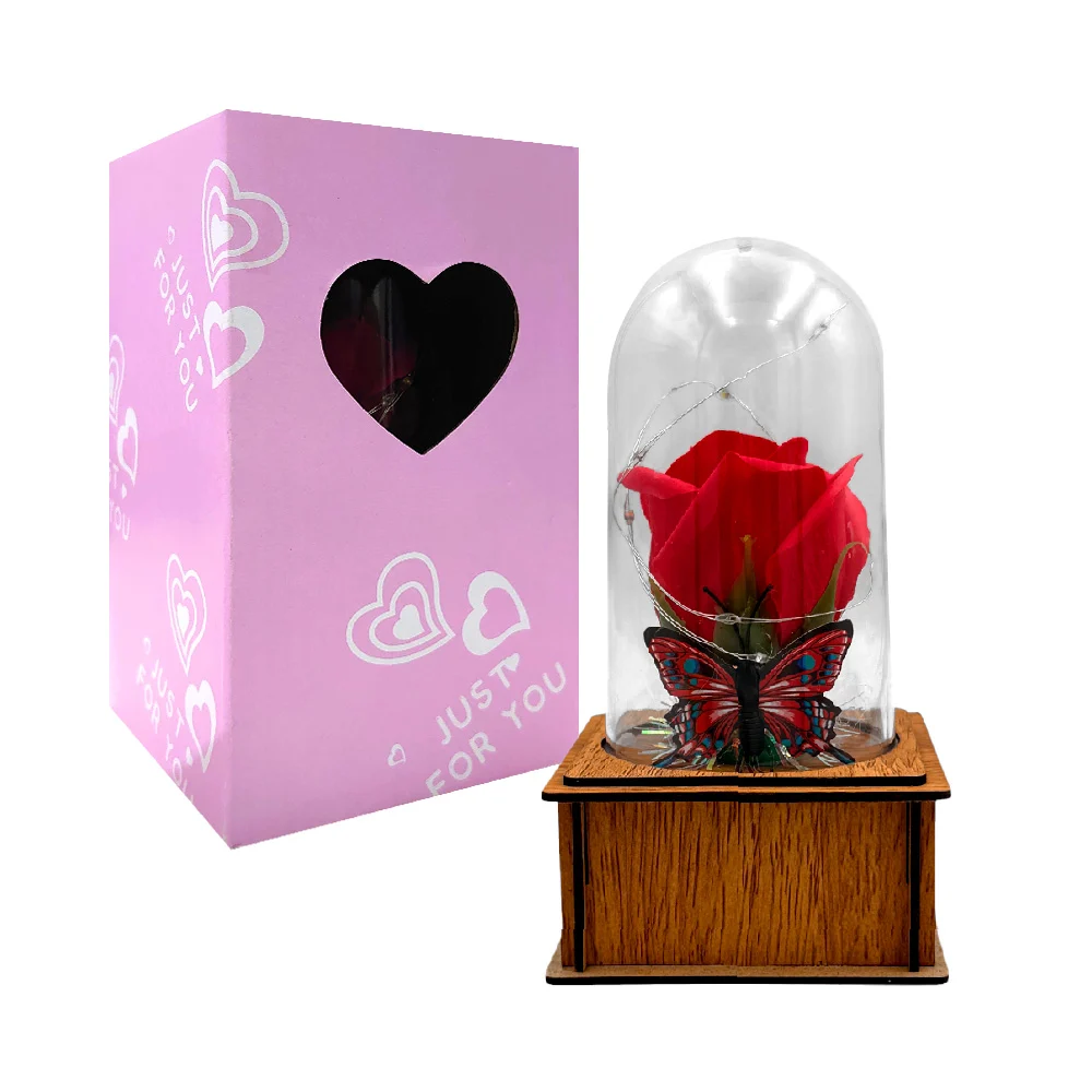 Rosa encapsulada, con tira led, figura de corazón y base de madera / …
