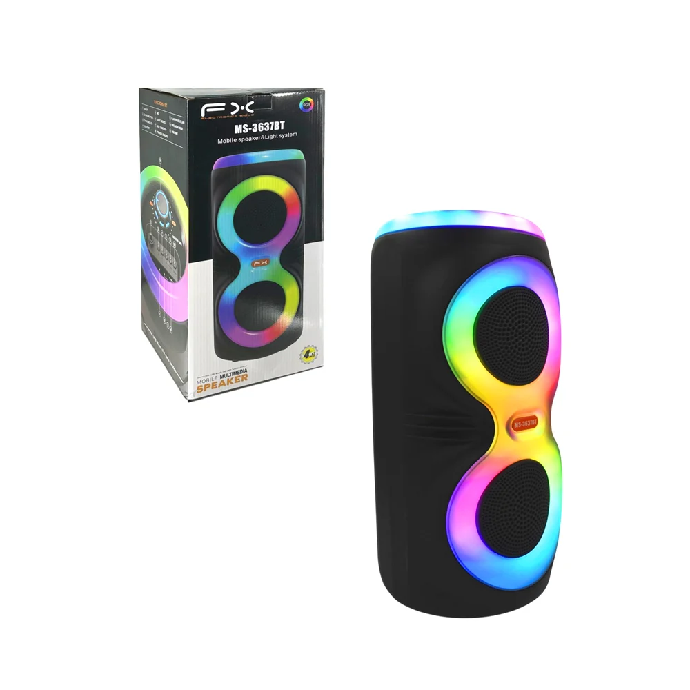 Bocina bluetooth fx en forma cilíndrica con radio fm, luz rgb y puert…