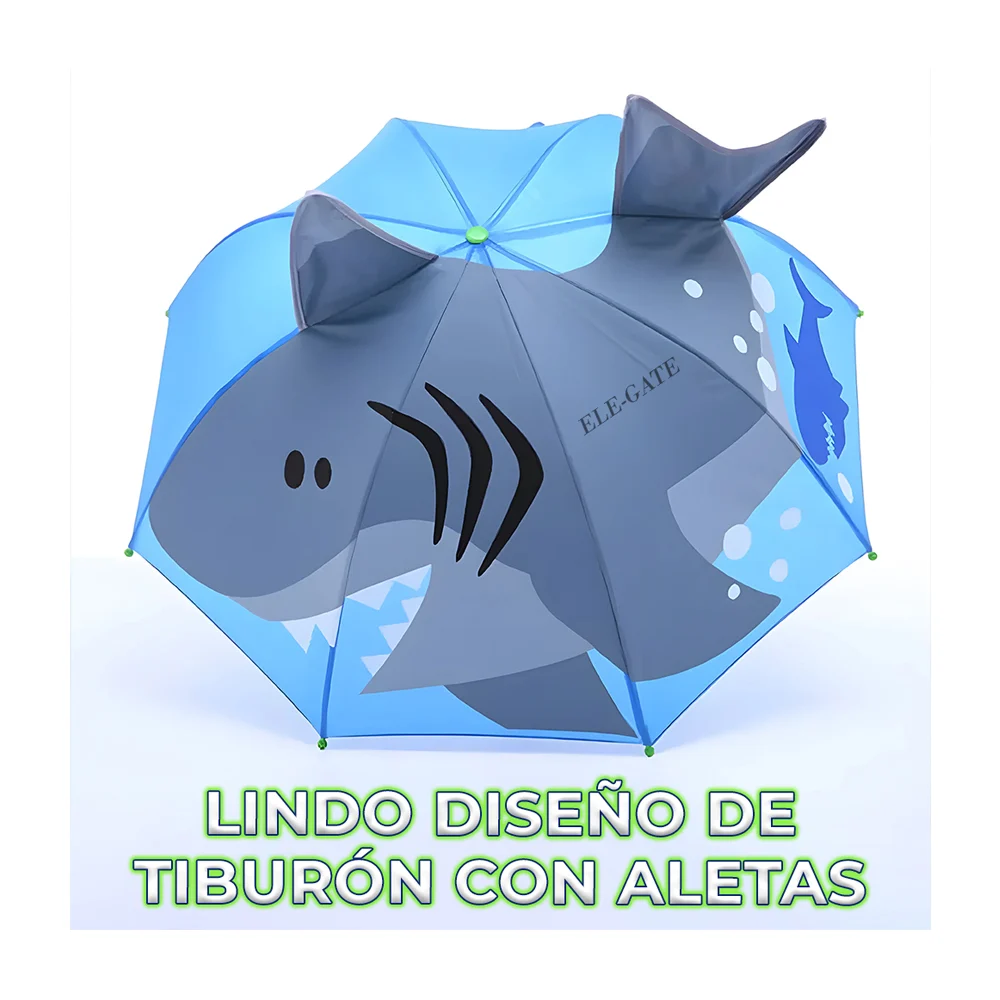 Paraguas infantil de bastón en forma de tiburón con aletas desplegabl…