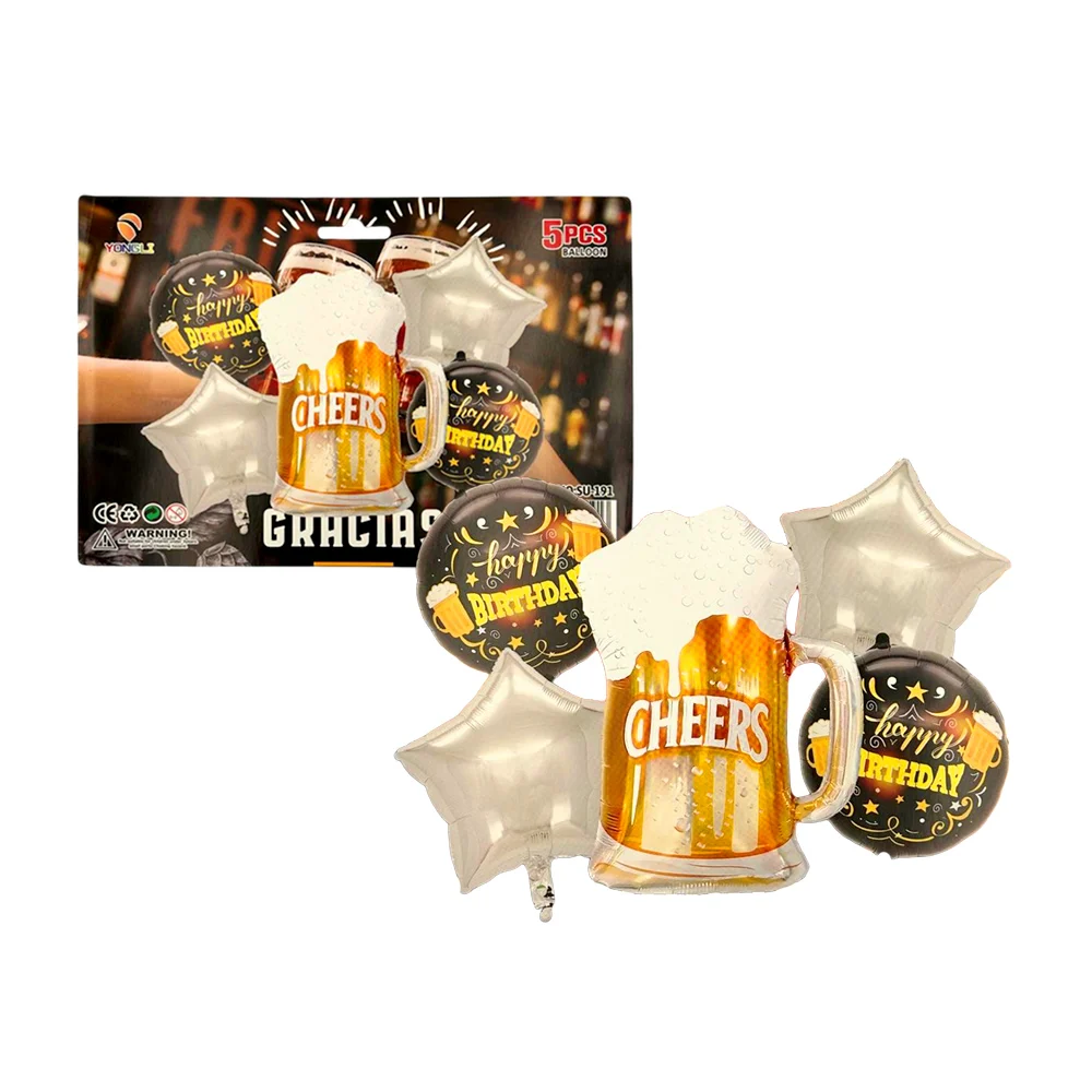 Set de 5 globos metálico con temática de cerveza - feliz cumpleaños /…
