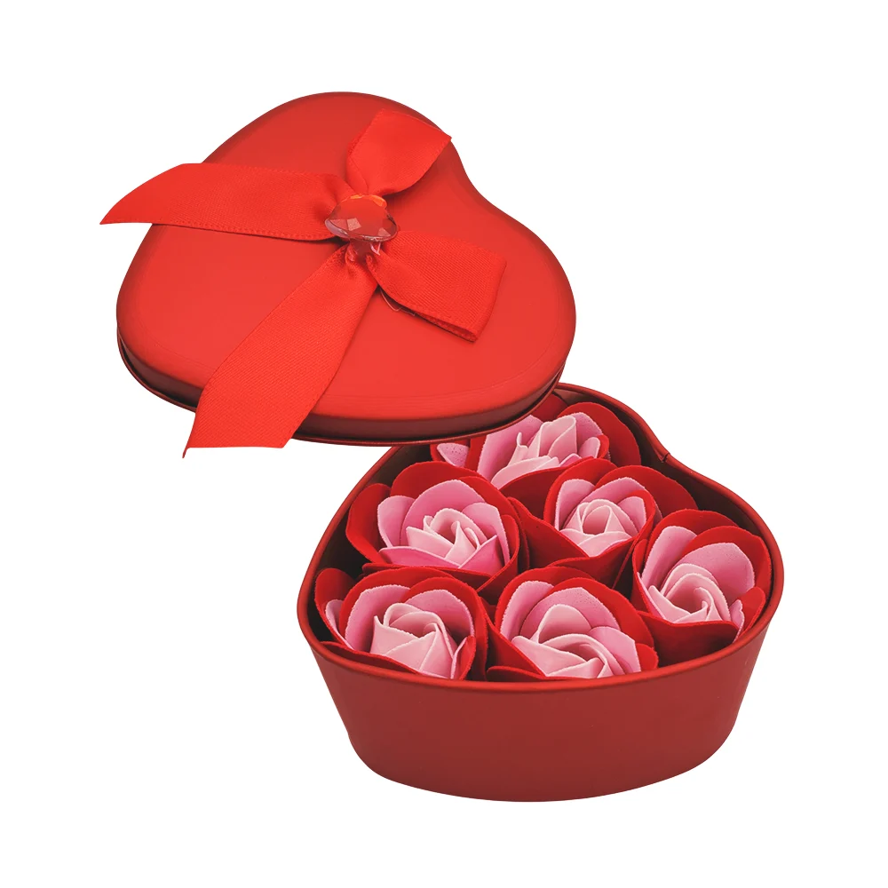 Estuche metálico en forma de corazón pequeño con moño y 6 rosas, 9cm …