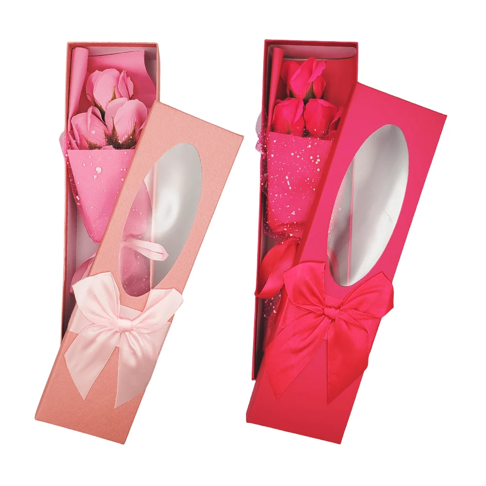 Caja rectangular con moño y ramo de 5 rosas artificiales, variedad de…