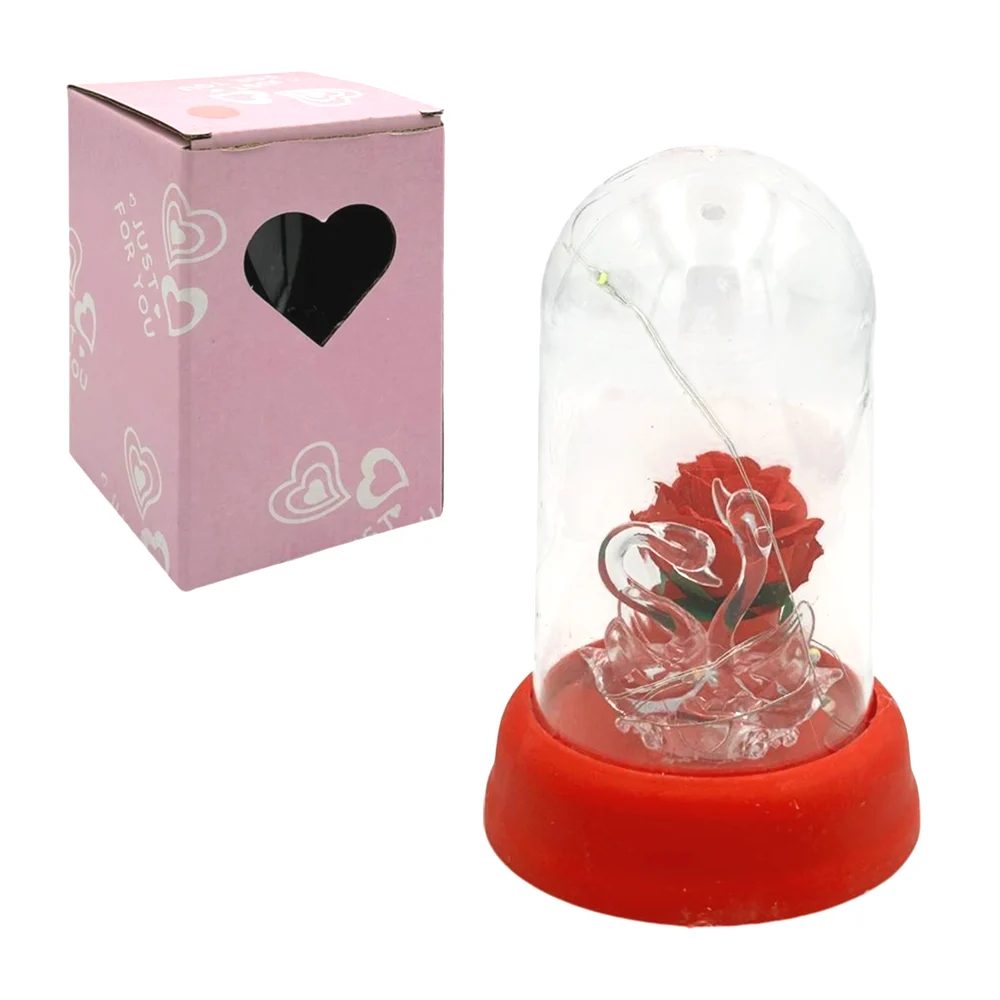 Rosa pequeña encapsulada con tira de luz led y 2 figuras de cisnes, 1…