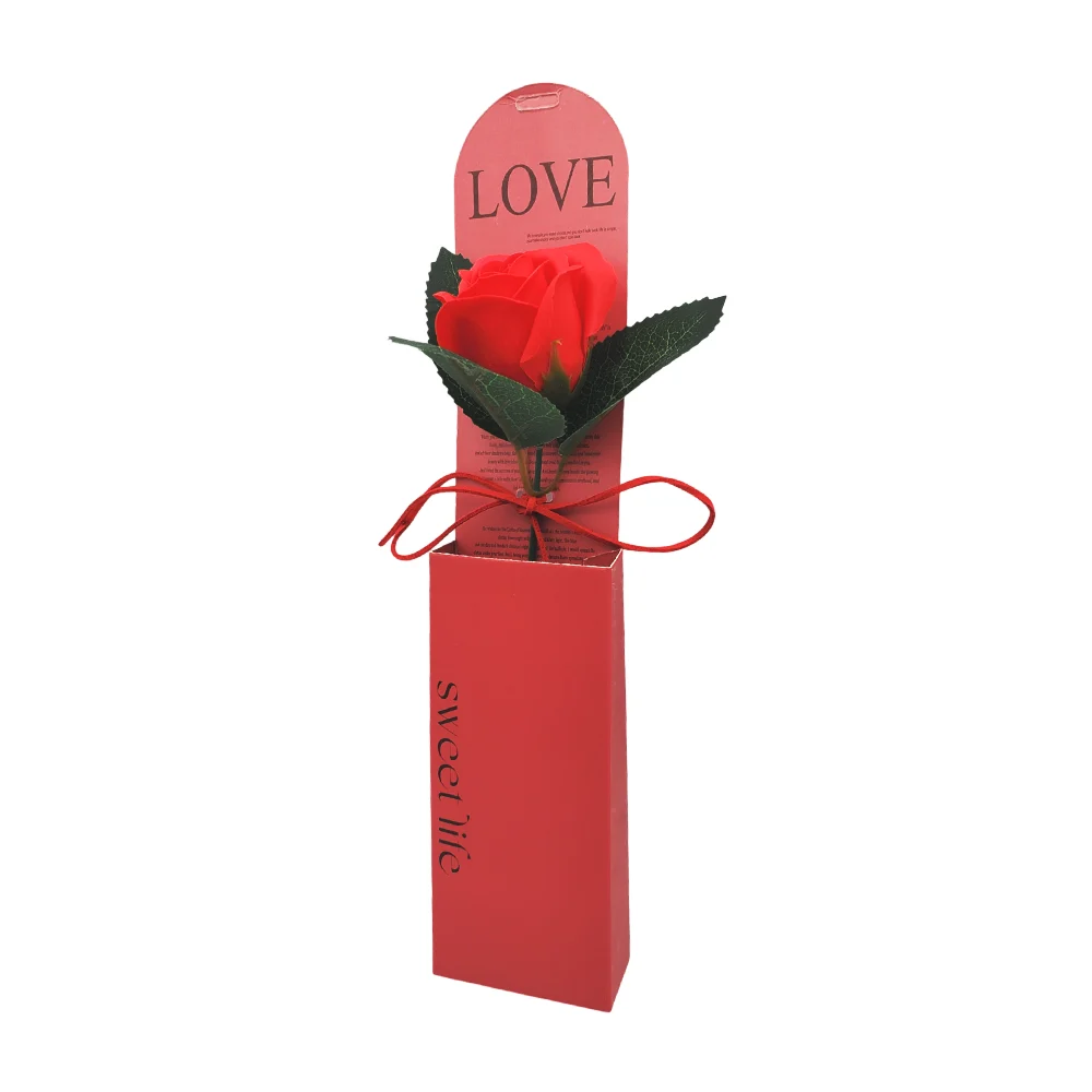1pza Rosa roja artificial con 3 hojas y moño de cordón / love sweet l…