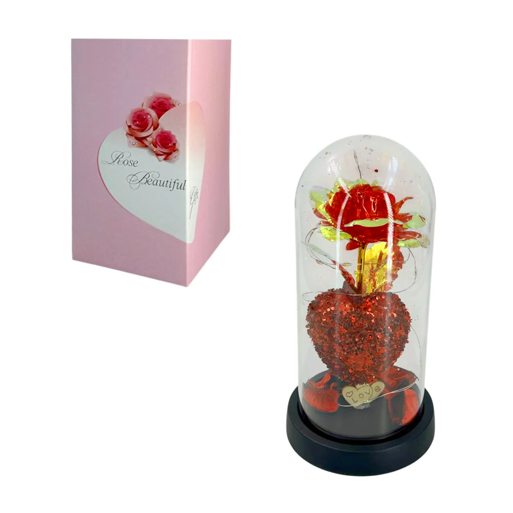 Rosa tornasol encapsulada con tira de luz led, pétalos y corazón con …