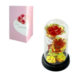2 Rosas tornasol encapsuladas con tira de luz led y pétalos en el fon…