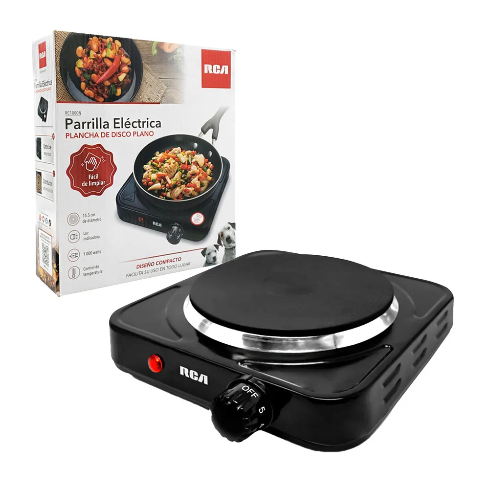 Parrilla eléctrica rca con plancha de disco plano, 5 niveles de tempe…
