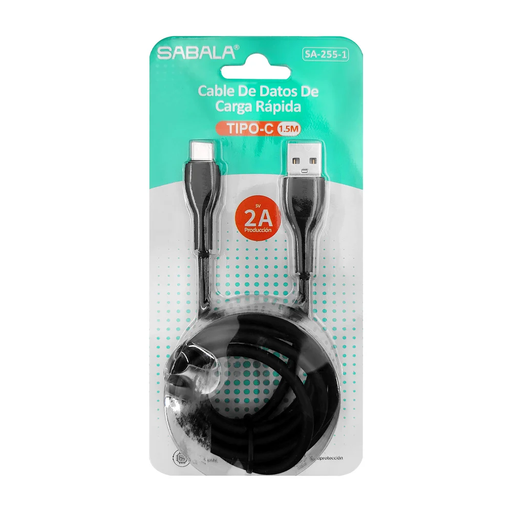 Cable usb negro sabala de 1.5m con entrada tipo c para carga rápida y…