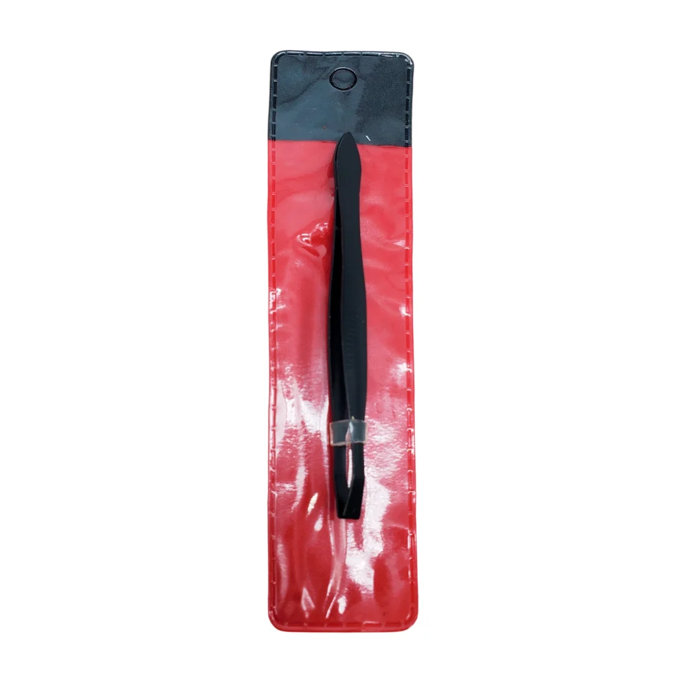 1pza Pinza saca ceja, metálica color negra y estuche bolsa para guardar, 8.5cm