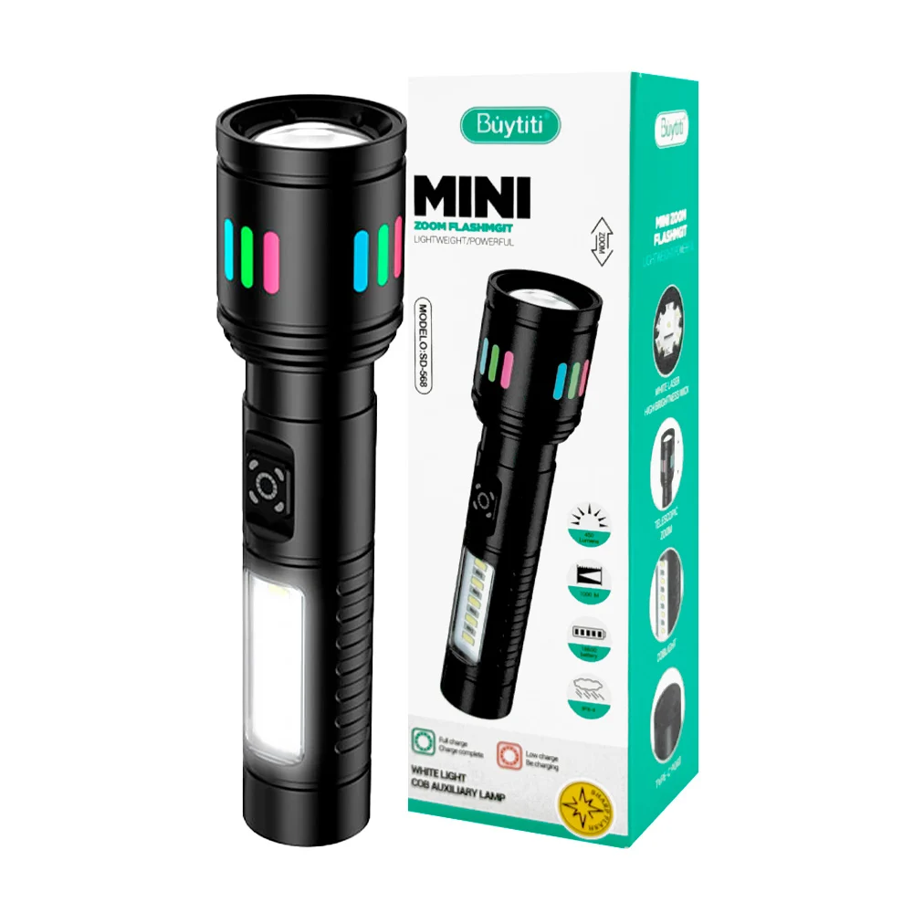 Mini linterna de mano recargable led con zoom ajustable, panel led la…