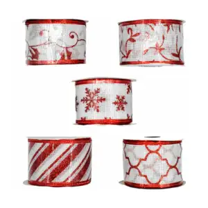 1pza Rollo de listón navideño en color blanco con rojo y detalles con…
