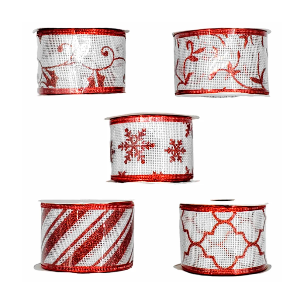 1pza Rollo de listón navideño en color blanco con rojo y detalles con…