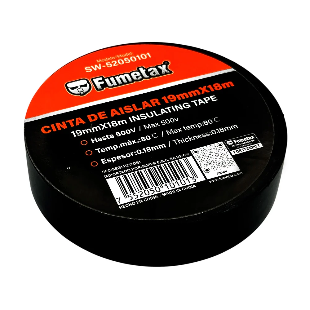 1pza Cinta aislante fumetax en color negro con longitud de 19mmx18m y…