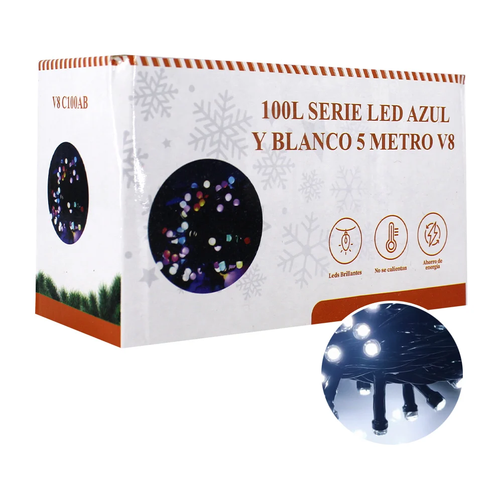 Serie de cable verde, 5 metros con 100 luces led en color blanco y az…