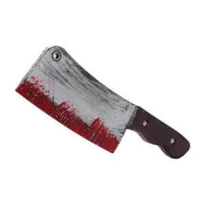 Cuchillo ancho tipo hacha de plástico con sangre plasmada para disfra…