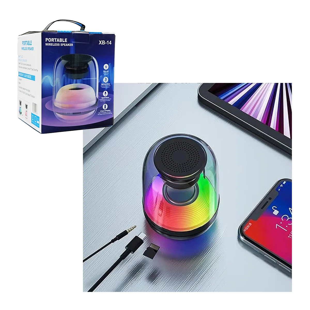 Bocina bluetooth con diseño transparente, puerto usb-tf y luces rgb /…