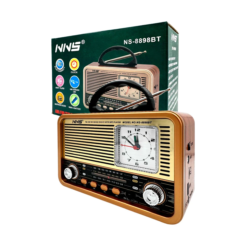 Bocina tipo radio vintage, asa, reloj, antena, botones multifincionoa…