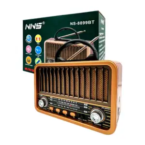 Bocina inalámbrica tipo radio vintage, con antena, asa y botones cont…