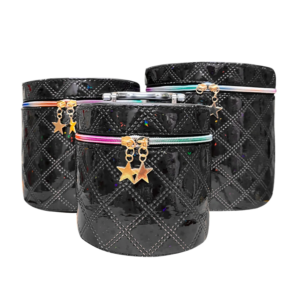 Juego con 3 cosmetiqueras redondas - circulares con espejo diseño tex…