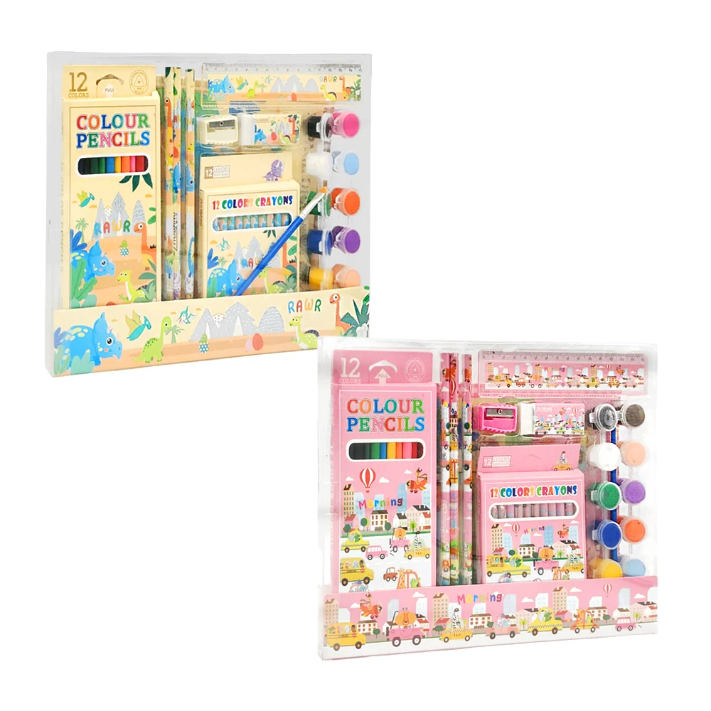 Kit papeleria con 12 acuarelas, 12 crayones, regla de 15cm, borrador,…