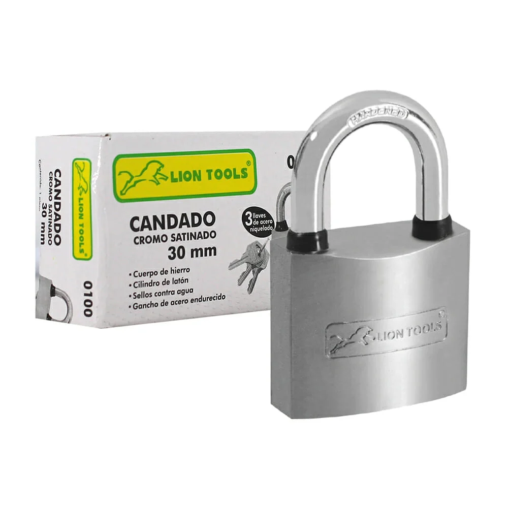Candado lion tools de cromo satinado con juego de 3 llaves 30mm / 0100