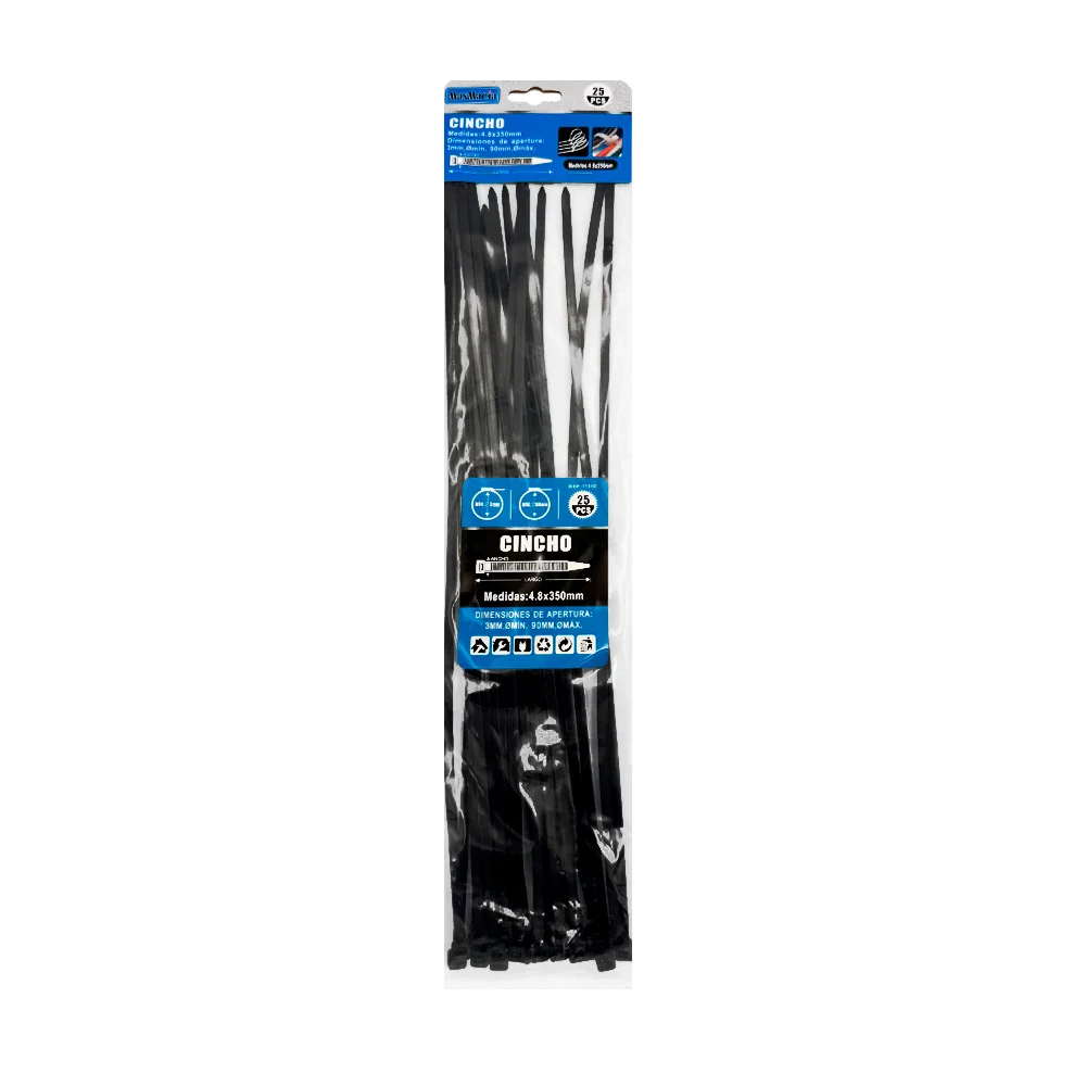Paquete con 25 cinchos en color negro maxmacia con medidas de 4.8x350…
