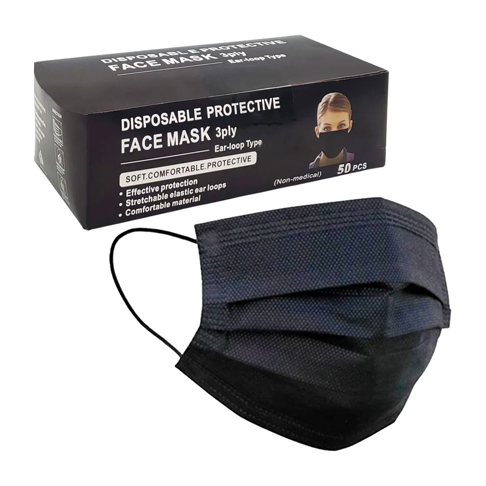 Blíster con 50 cubrebocas negros tricapa / ttp negra / disposable fac…