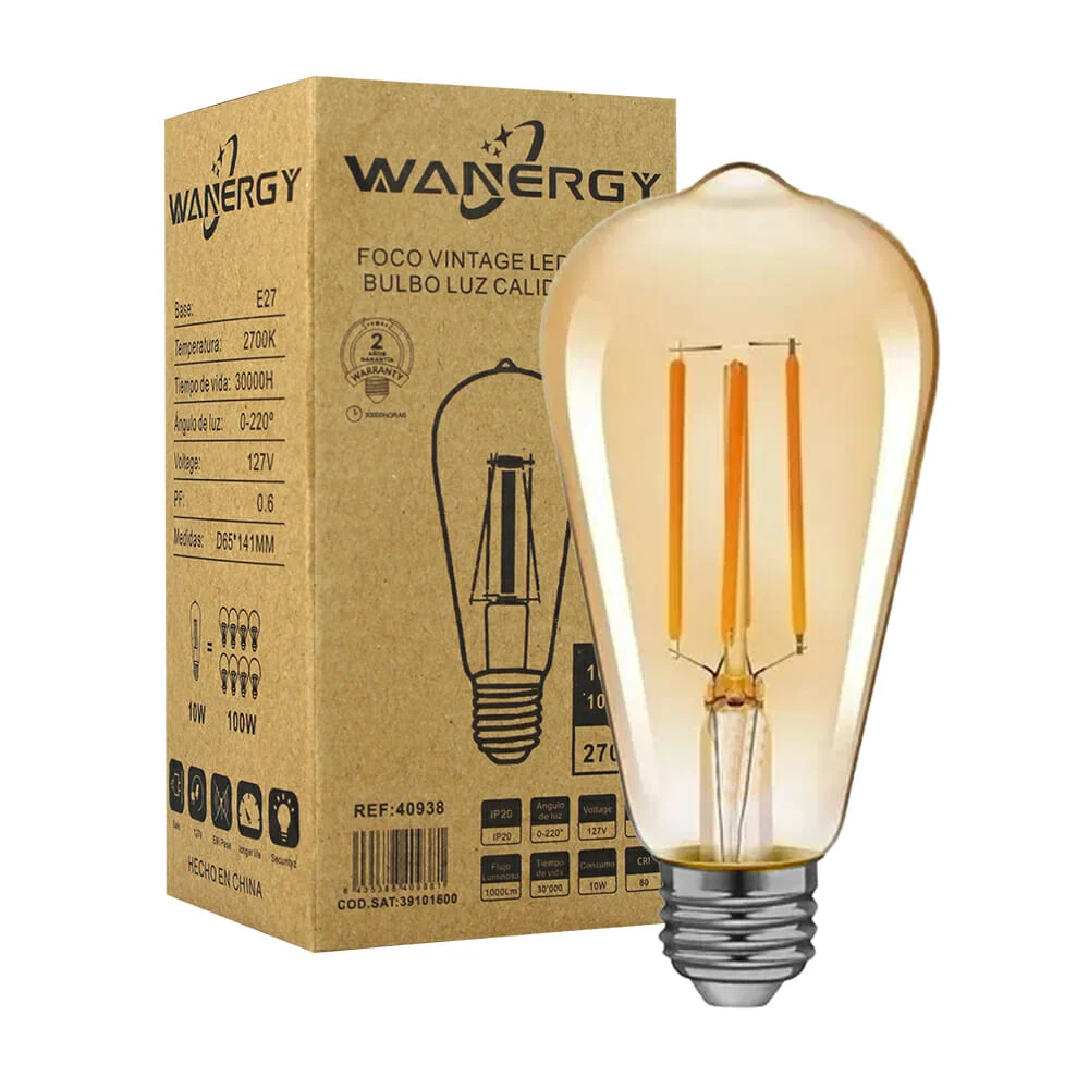 Foco led st64 wanergy tipo vintage de luz cálida con consumo de 10 wa…