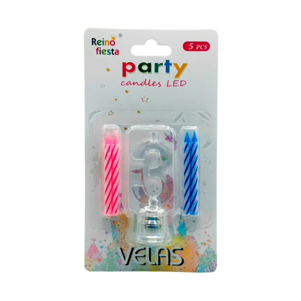 Portavelas número 3 transparente led + 4 mini velas / 50460