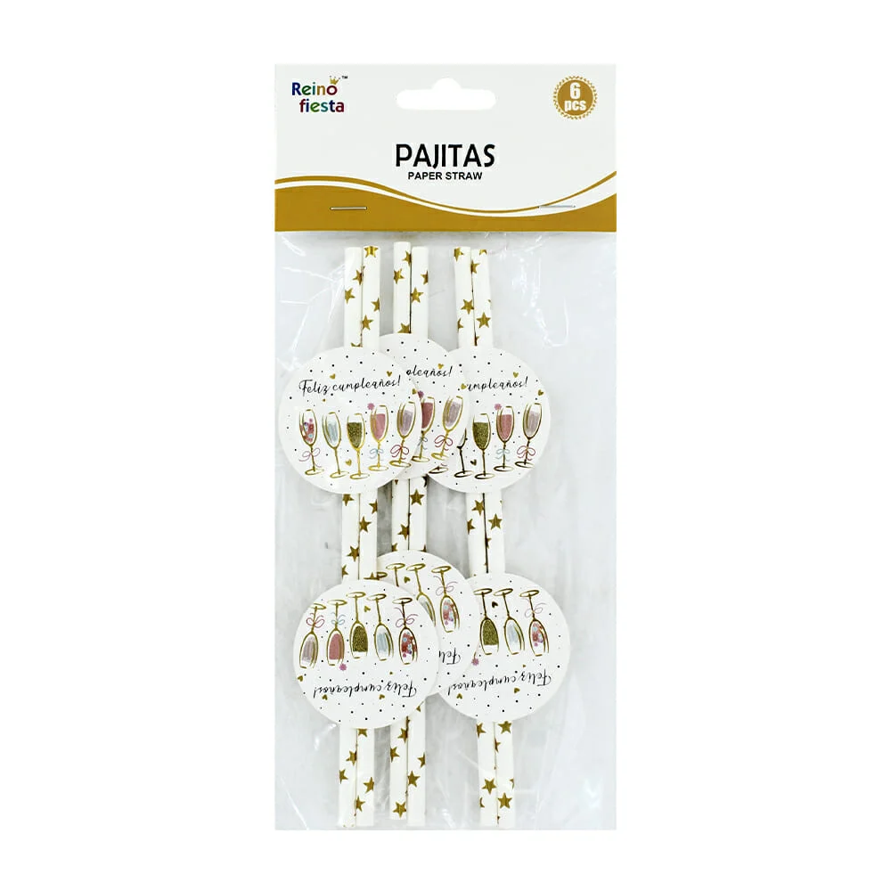Paquete con 6 popotes con estampado de estrellas doradas y etiqueta d…
