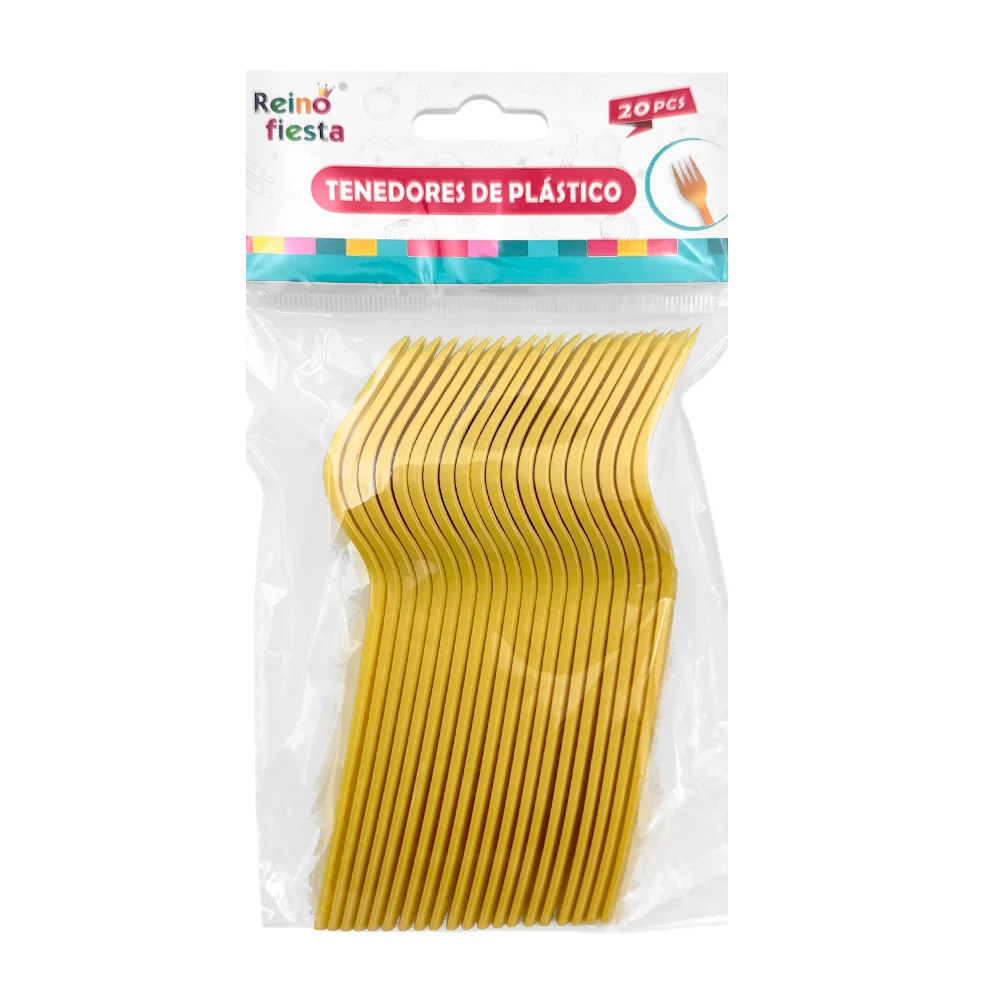 Paquete con 20 tenedores de plástico en color dorado / 52395