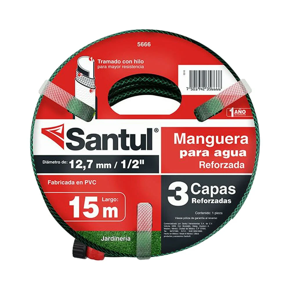 Manguera jardinera santul de 1/2 pulgada con largo de 15 metros y 3 capas reforzadas de pvc / 0520