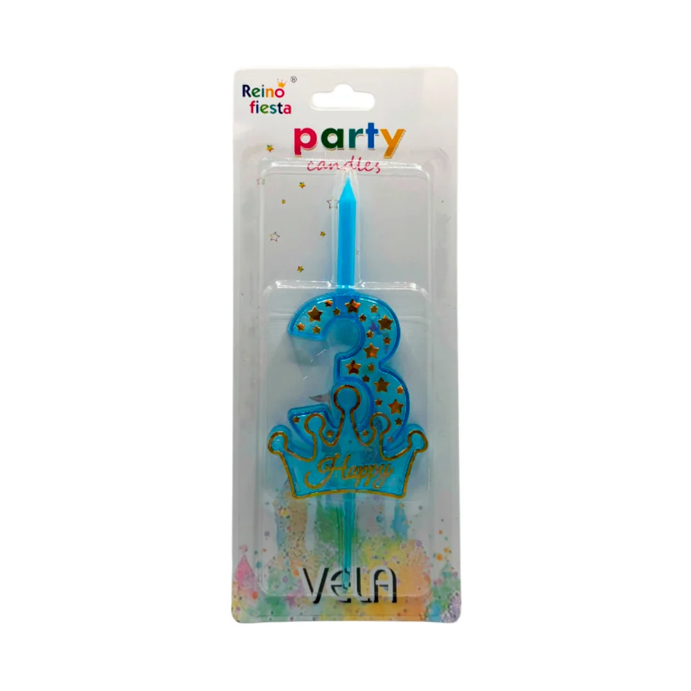 Portavelas de plástico número 3 azul con corona happy y estrellas / 6…