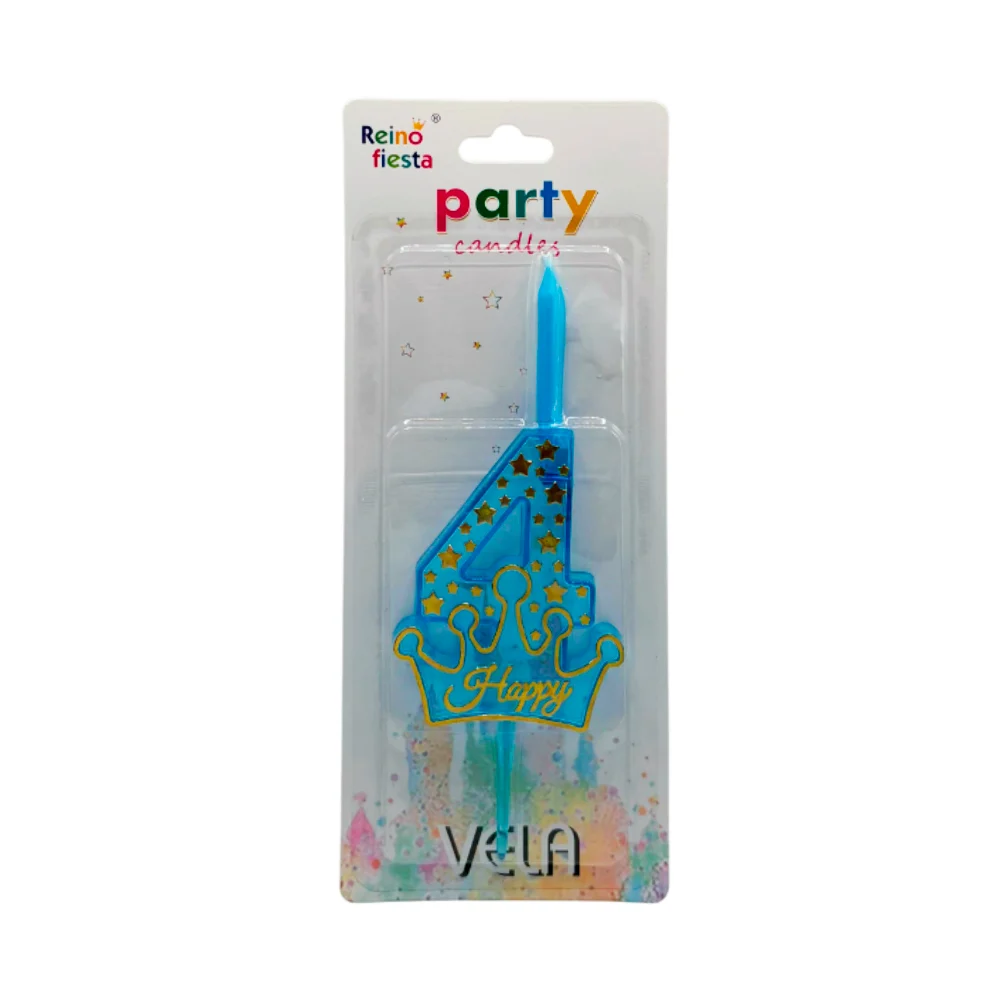 Portavelas de plástico número 4 azul con corona happy y estrellas / 6…