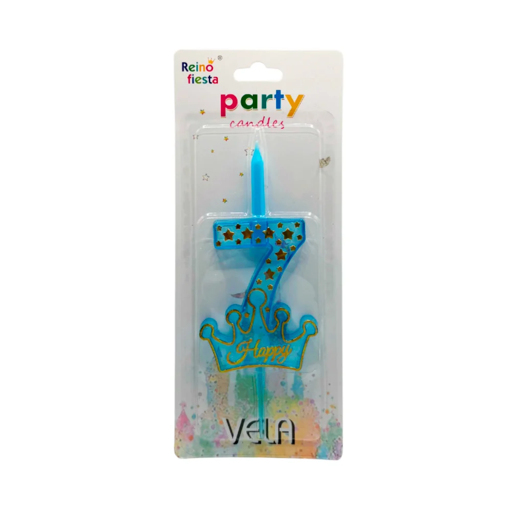 Portavelas de plástico número 7 azul con corona happy y estrellas / 6…