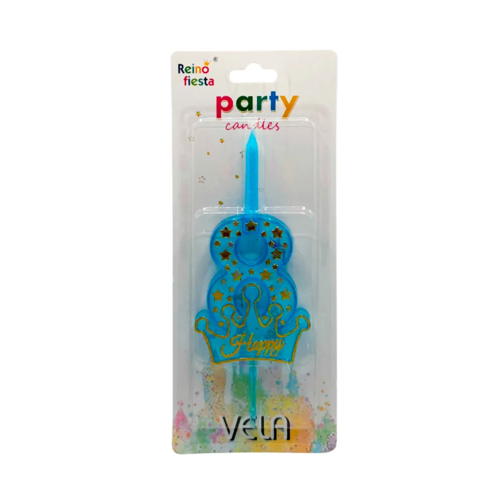 Portavelas de plástico número 8 azul con corona happy y estrellas / 6…