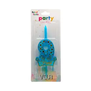 Portavelas de plástico número 9 azul con corona happy y estrellas / 6…