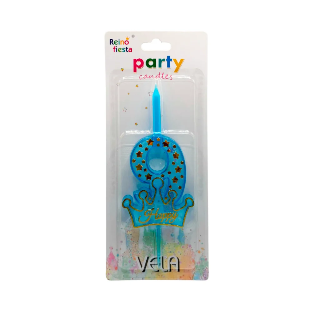 Portavelas de plástico número 9 azul con corona happy y estrellas / 6…