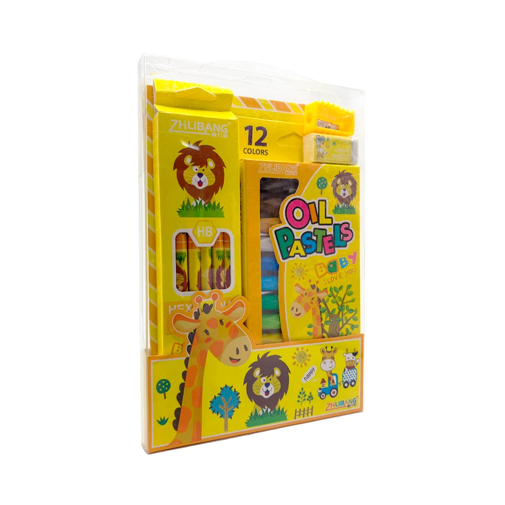 Kit escolar de papelería con libreta de 8 hojas, paquete de 12 crayones óleo pastel, 12 lápices, borrador y sacapuntas / zhilibang / 607099