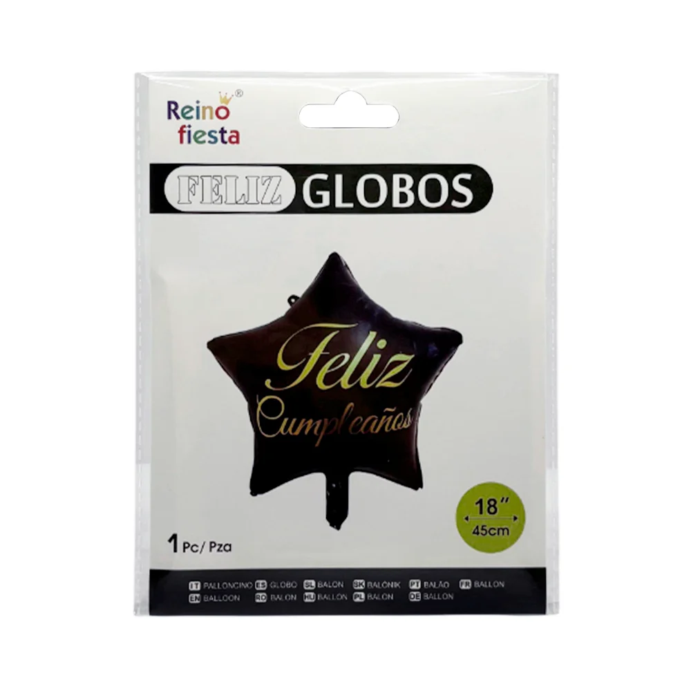 1pz globo de feliz cumpleaños con forma de estrella 18´-45cm, negro c…