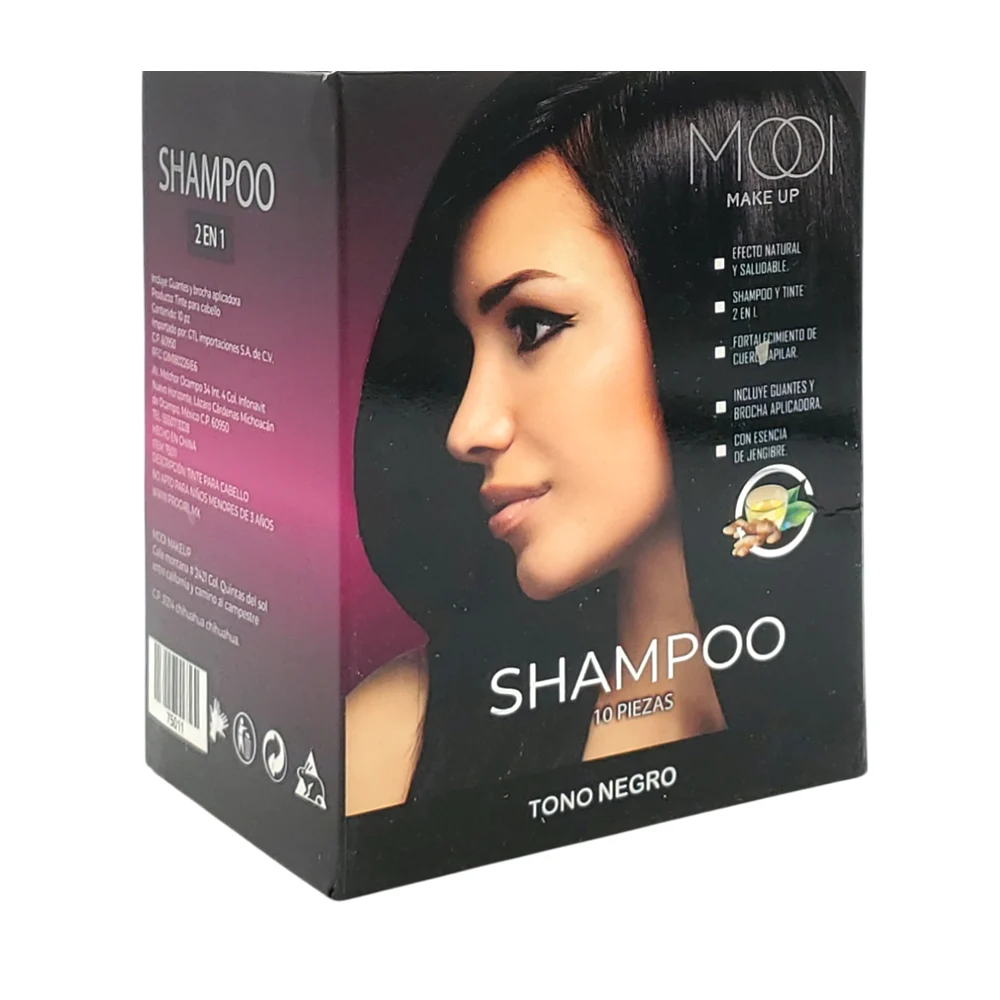 Paquete con 10 sobres de shampoo con tinte 2 en 1 mooi en tono negro,…