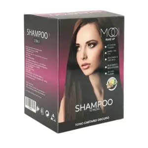 Paquete con 10 sobres de shampoo con tinte 2 en 1 mooi en tono castañ…