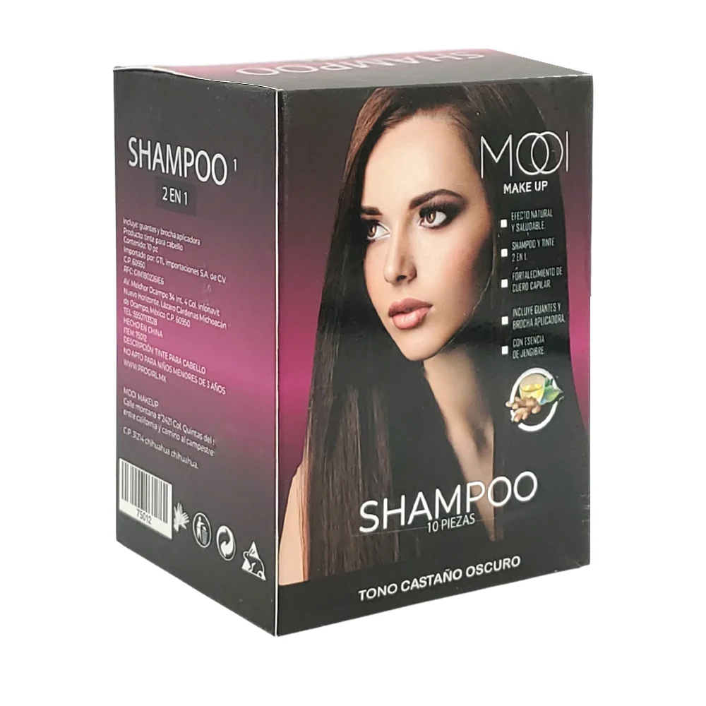 Paquete con 10 sobres de shampoo con tinte 2 en 1 mooi en tono castañ…