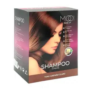 Paquete con 10 sobres de shampoo con tinte 2 en 1 mooi en tono castañ…