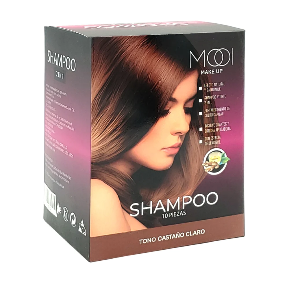 Paquete con 10 sobres de shampoo con tinte 2 en 1 mooi en tono castañ…