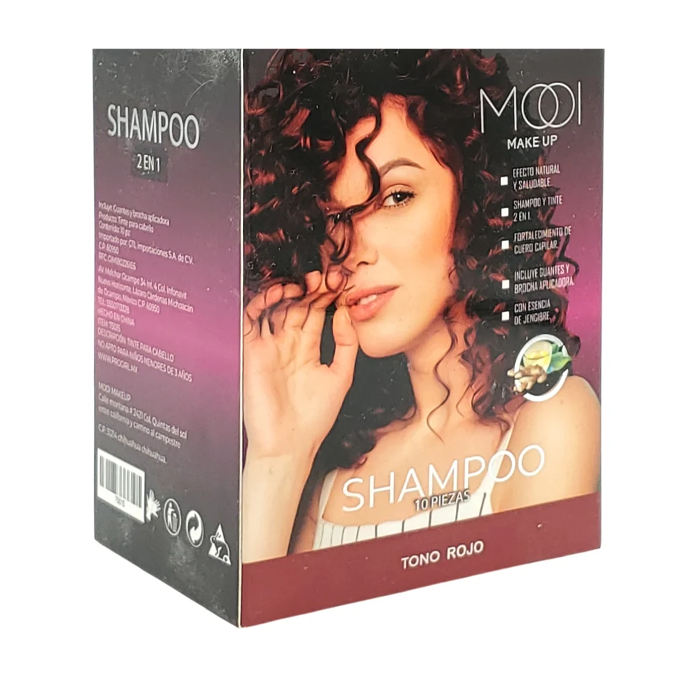 Paquete con 10 sobres de shampoo con tinte 2 en 1 mooi en tono rojo, 30mlx10 / 75015