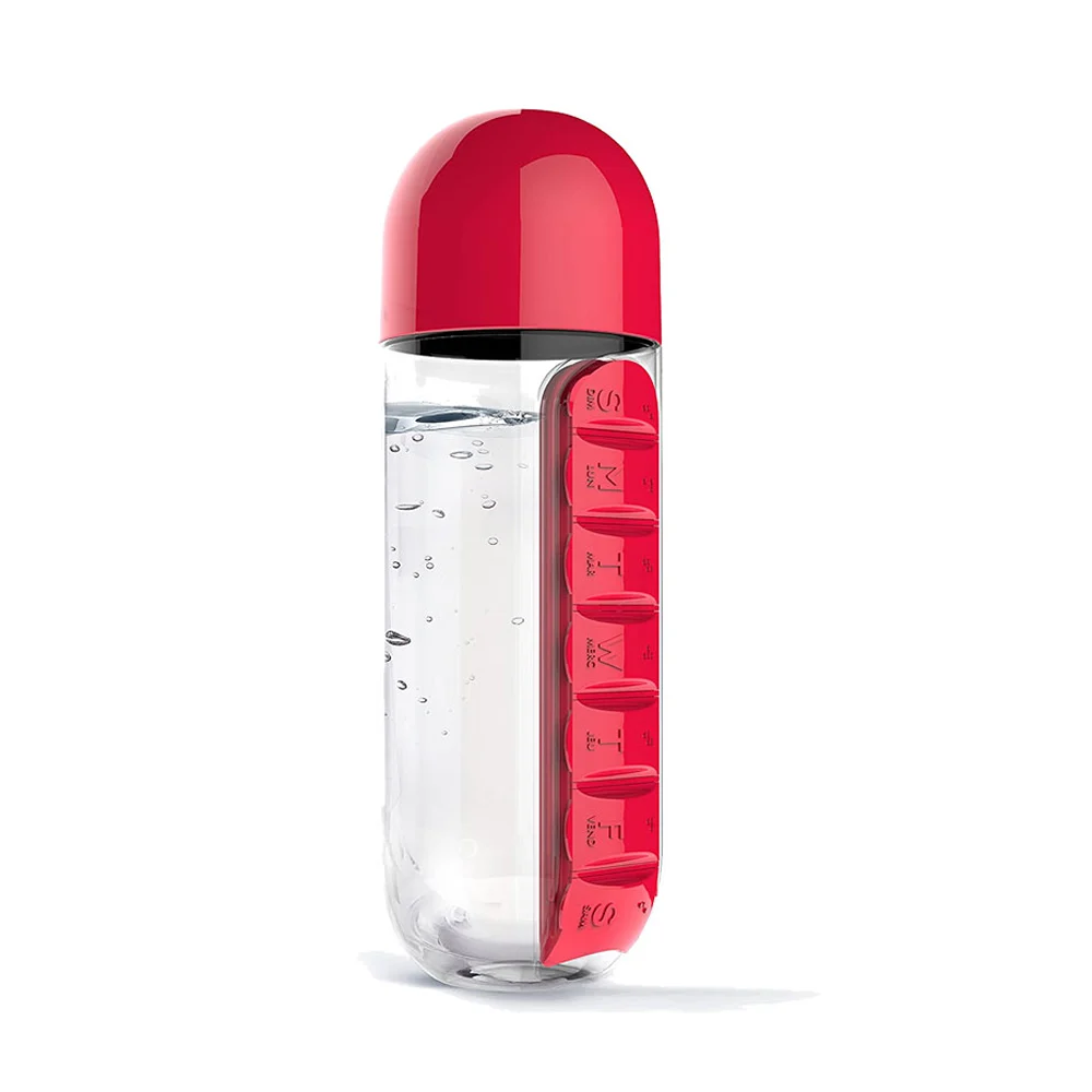 Botella cilíndrica transparente con pastillero lateral desmontable, v…
