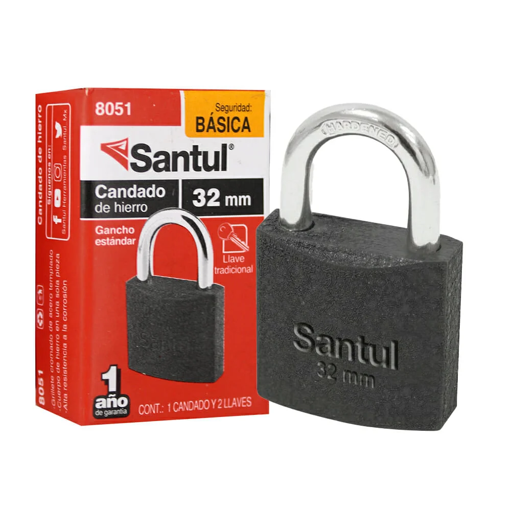 Candado santul de hierro 32mm con gancho estándar y juego de 2 llaves…