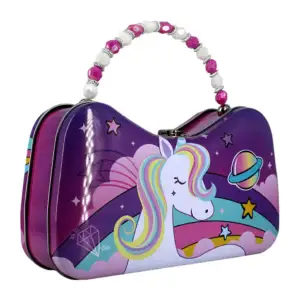 Lonchera metálica estilo bolsa con diseño de unicornio y asa con deco…