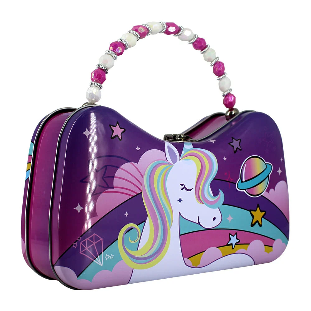 Lonchera metálica estilo bolsa con diseño de unicornio y asa con deco…